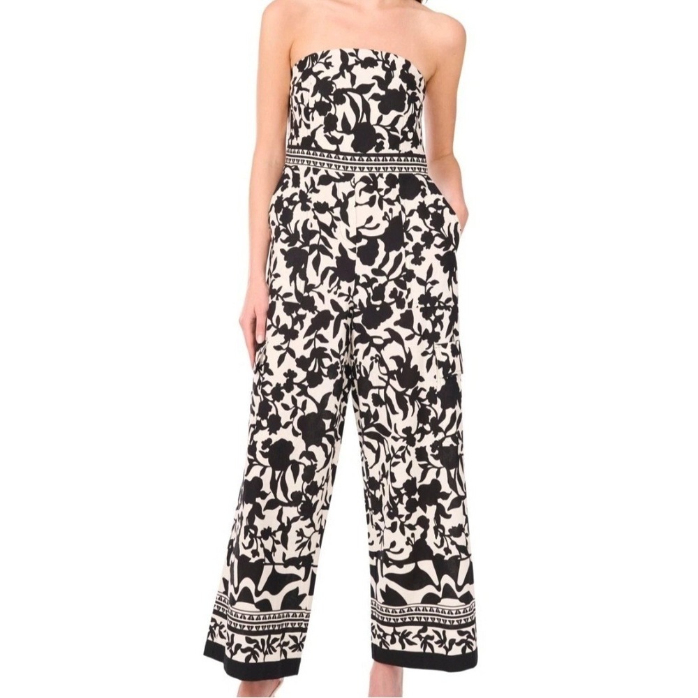 MSK Strapless Straight Leg Floral Linen Black White Jumpsuit Womens Size M NWT